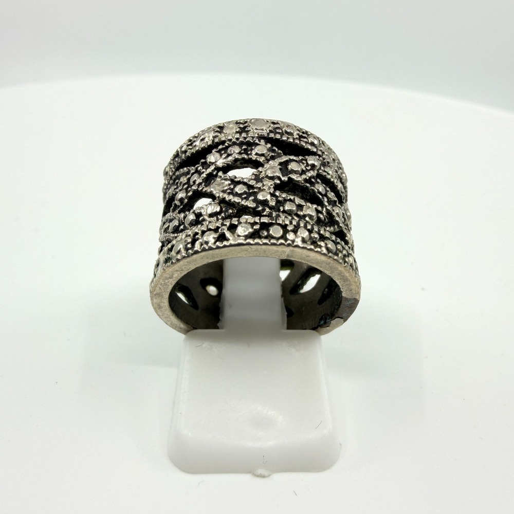 Vintage Brutalist Silver Tone Wide Cigar Band Ring Textured Openwork Size 5